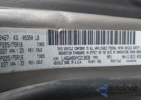 2000 Jeep Grand Cherokee Laredo from USA, damaged, VIN 1J4GW48S4YC213838